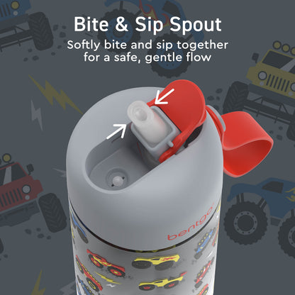 Bentgo® Kids Water Bottle - Trucks | Bite & Sip Spout - Softly Bite And Sip Together For A Safe, Gentle Flow