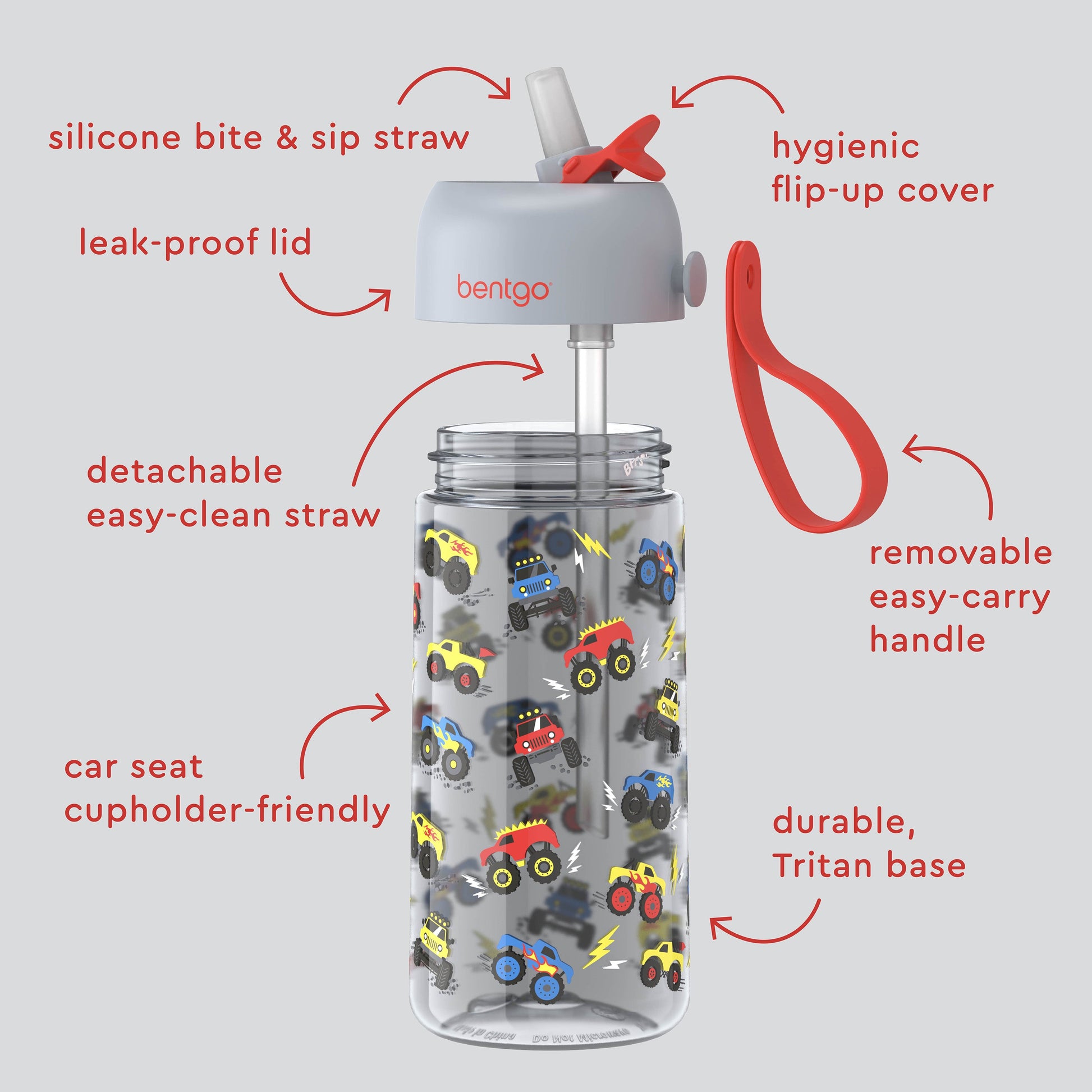 Bentgo® Kids Water Bottle - Trucks | Hygienic Flip-Up Cover, Silicone Bite & Sip Straw, Leak-Proof Lid, Detachable Easy-Clean Straw, Durable Tritan Base, And Removable Easy-Carry Handle