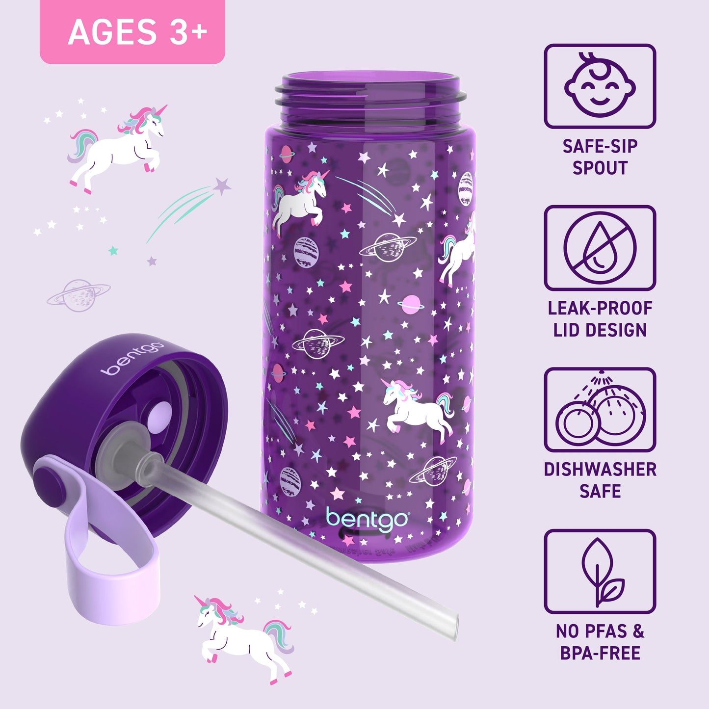 Bentgo Kids Water Bottle - Unicorn | Bite & Sip Straw, Leak-Proof Lid Design, Dishwasher Safe, No PFAs & BPA-Free