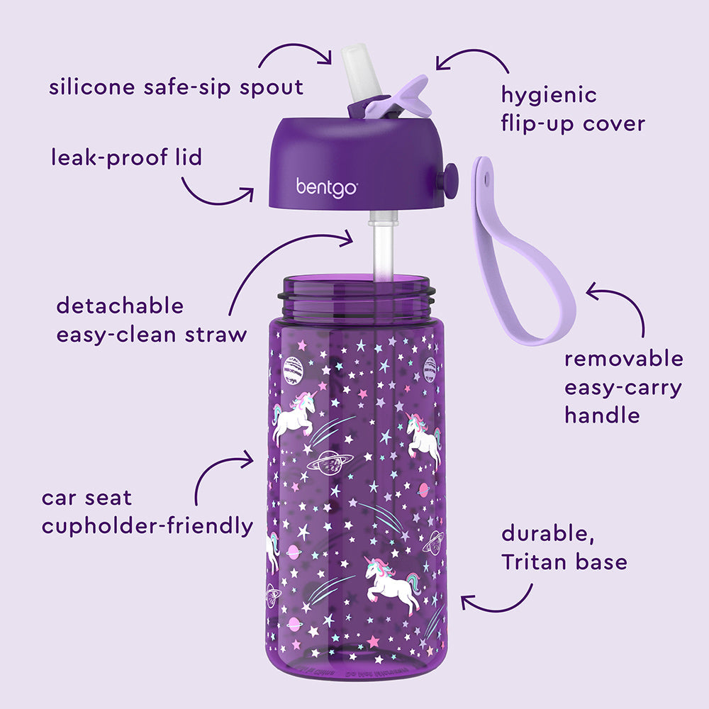 Bentgo® Kids Water Bottle - Unicorn | Hygienic Flip-Up Cover, Silicone Safe-Sip Spout, Leak-Proof Lid, Detachable Easy-Clean Straw, Durable Tritan Base, And Removable Easy-Carry Handle
