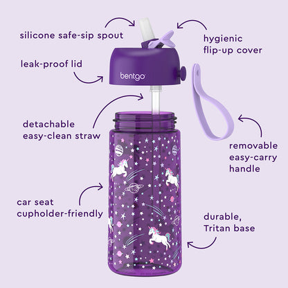 Bentgo® Kids Water Bottle - Unicorn | Hygienic Flip-Up Cover, Silicone Safe-Sip Spout, Leak-Proof Lid, Detachable Easy-Clean Straw, Durable Tritan Base, And Removable Easy-Carry Handle