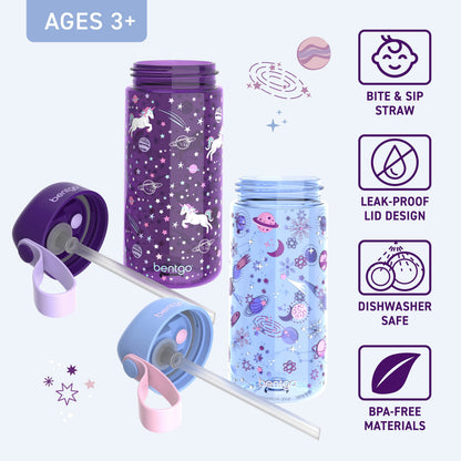Bentgo® Kids Prints Water Bottle (2-Pack) - Unicorn/Lavender Galaxy | Bite & Sip Straw, Leak-Proof Lid, Dishwasher Safe, And Made With BPA-Free Materials