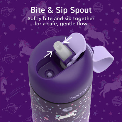 Bentgo® Kids Prints Water Bottle (2-Pack) - Unicorn/Lavender Galaxy | Bite & Sip Spout - Softly Bite And Sip Together For A Safe, Gentle Flow