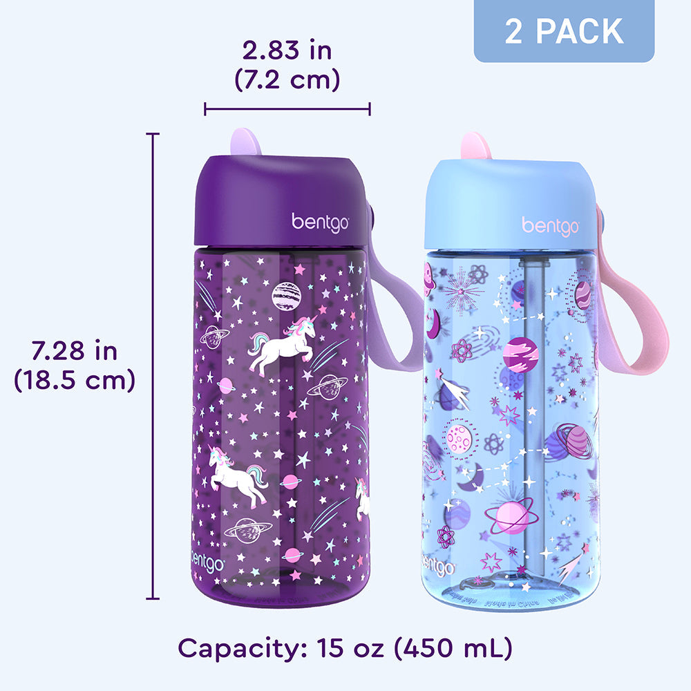 Bentgo® Kids Prints Water Bottle (2-Pack) - Unicorn/Lavender Galaxy | Dimensions + What’s In The Box