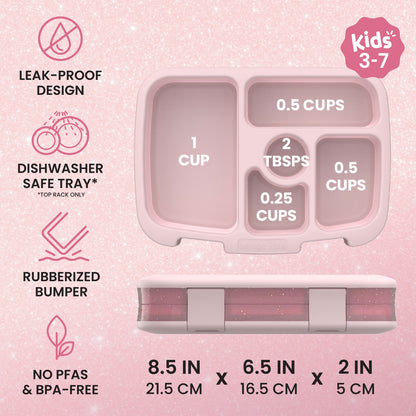 Bentgo® Kids Lunch Box (Glitter & Confetti) - Petal Pink Glitter | Kids 3-7 | Leak-Proof Design, Dishwasher Safe Tray (Top-Rack Only), Rubberized Bumper, and No PFAS & BPA-Free | Product Dimensions
