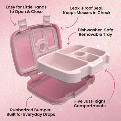 Bentgo® Kids Lunch Box (Glitter & Confetti) - Petal Pink Glitter | Easy for Little Hands to Open & Close, Leak-Proof Seal - Keeps Messes in Check, Dishwasher-Safe Removable Tray, Five Just Right Compartments, and Rubberized Bumper - Built for Everyday Drops