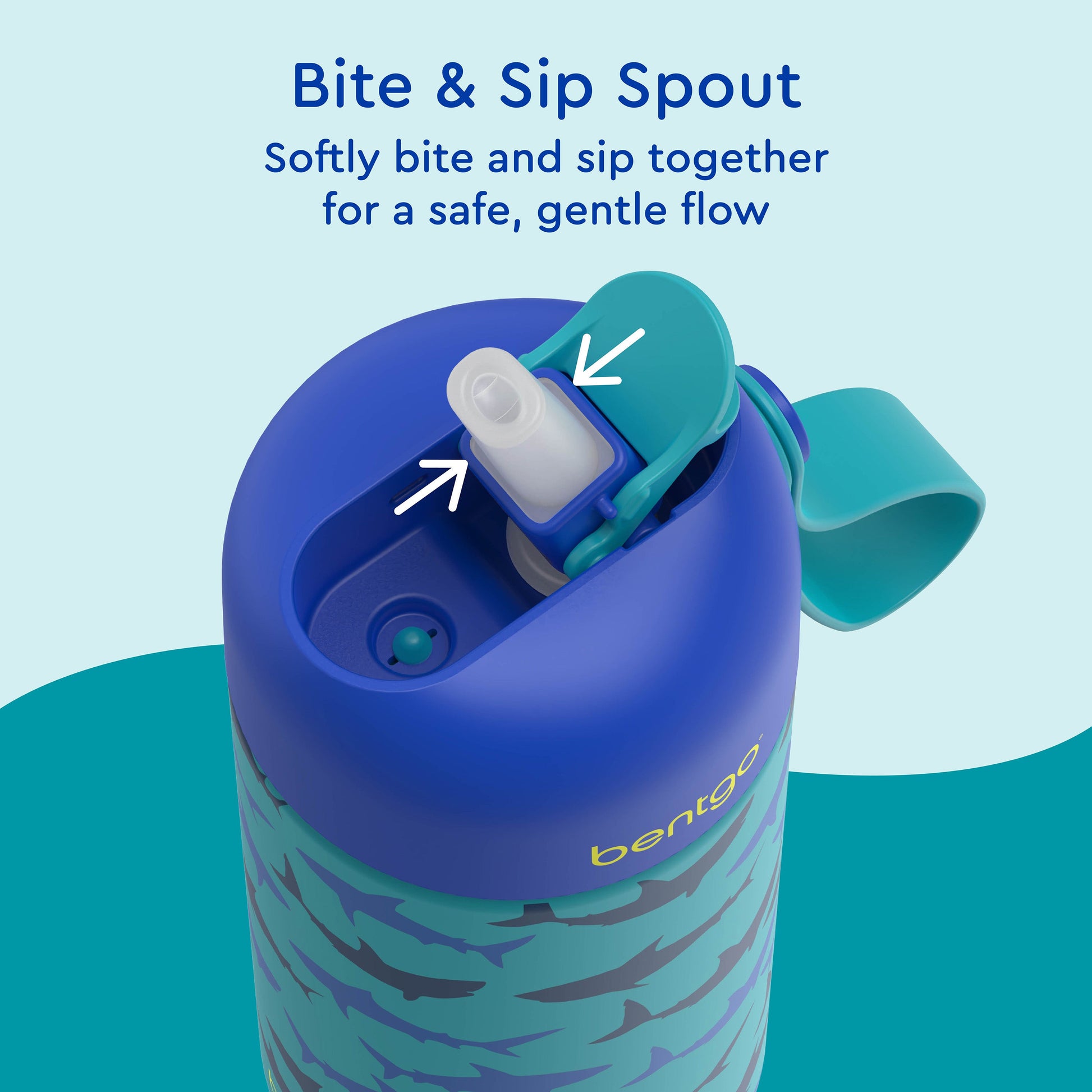 Bentgo® Kids Stainless Steel Insulated Water Bottle - Sharks | Bite & Sip Spout - Softly Bite And Sip Together For A Safe, Gentle Flow