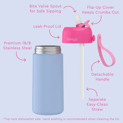 Bentgo® Kids Stainless Steel Insulated Water Bottle (2-Pack) - Rainbows/Periwinkle | Features Bite Valve Spout For Safe Sipping, Flip-Up Cover Keeps Crumbs Out, Detachable Handle, Premium 18/8 Stainless Steel, Separate Easy-Clean Straw, And Leak-Proof Lid