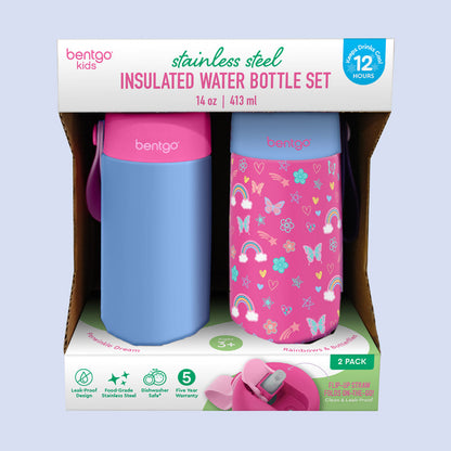 Bentgo® Kids Stainless Steel Insulated Water Bottle (2-Pack) - Rainbows/Periwinkle | Packaging
