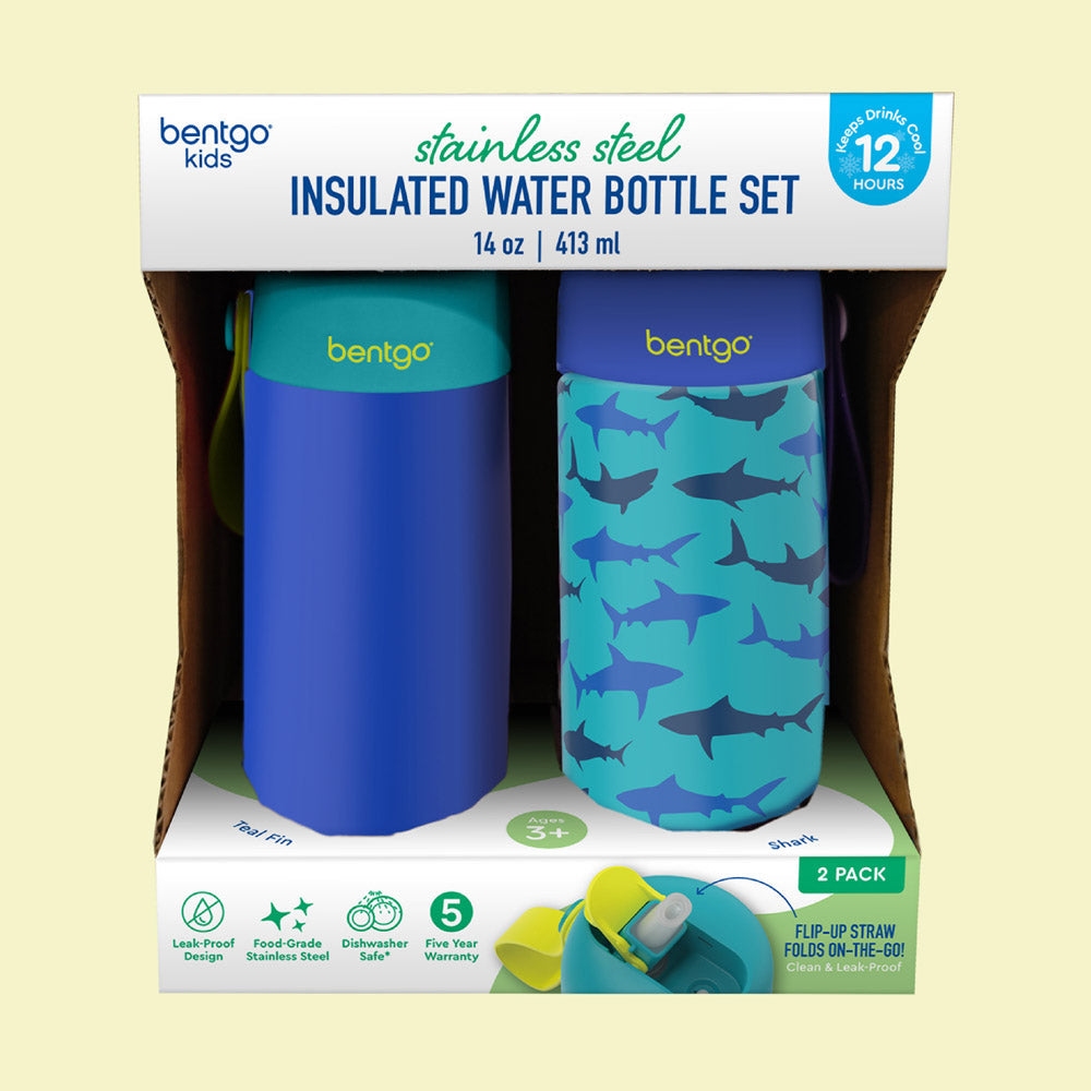 Bentgo® Kids Stainless Steel Insulated Water Bottle (2-Pack) - Shark/Teal Fin | Packaging