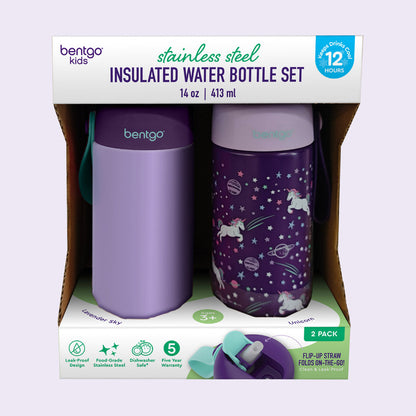 Bentgo® Kids Stainless Steel Insulated Water Bottle (2-Pack) - Unicorn/Lavender Sky | Packaging