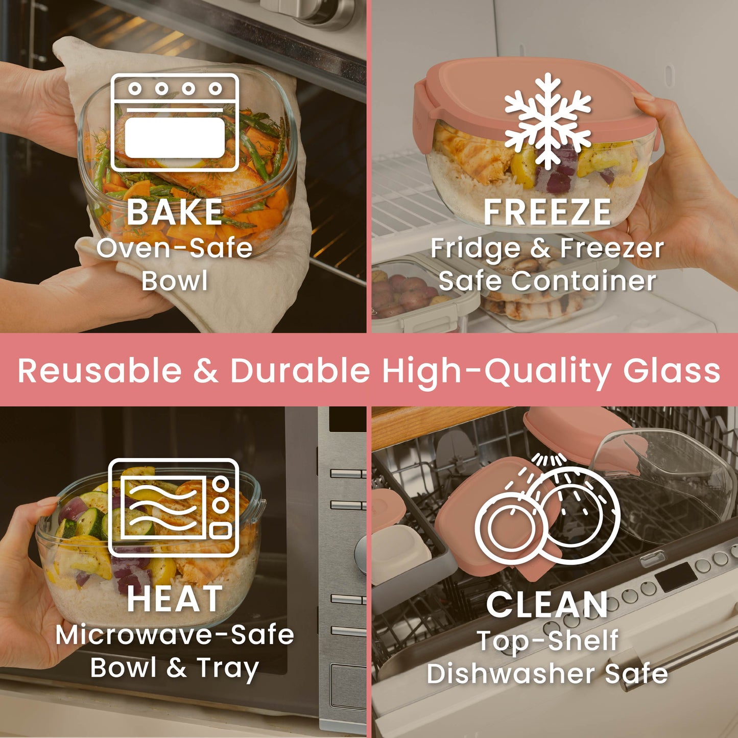 Bentgo® Glass Salad Container - Coral | Made With Reusable & Durable High-Quality Glass. Oven Safe, Fridge & Freezer Safe, Microwave Safe, and Top-Shelf Dishwasher Safe