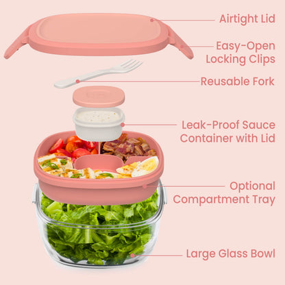 Bentgo® Glass Salad Container - Coral | Salad Container Contains An Airtight Lid, Easy-Open Locking Clips, Reusable Fork, Leak-Proof Sauce Container With Lid, Optional Compartment Tray, And Large Glass Bowl