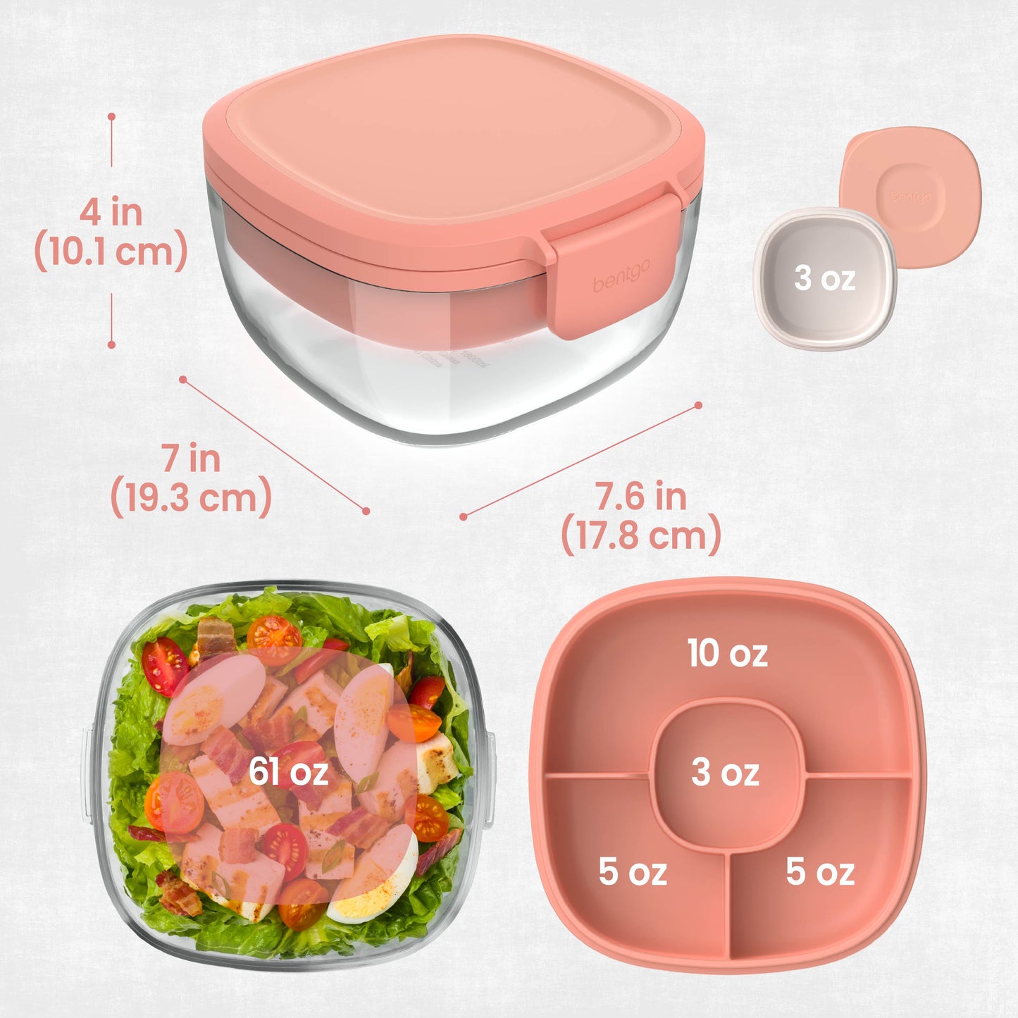 Bentgo® Glass Salad Container - Coral | Salad Container Dimensions