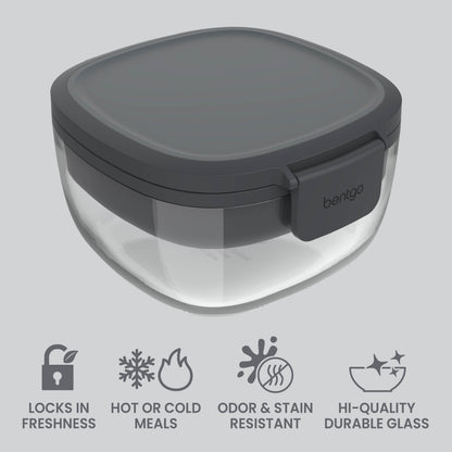 Bentgo® Glass Salad Container - Dark Gray | Locks In Freshness, Great For Hot Or Cold Meals, Odor & Stain Resistant And Made With Hi-Quality Durable Glass