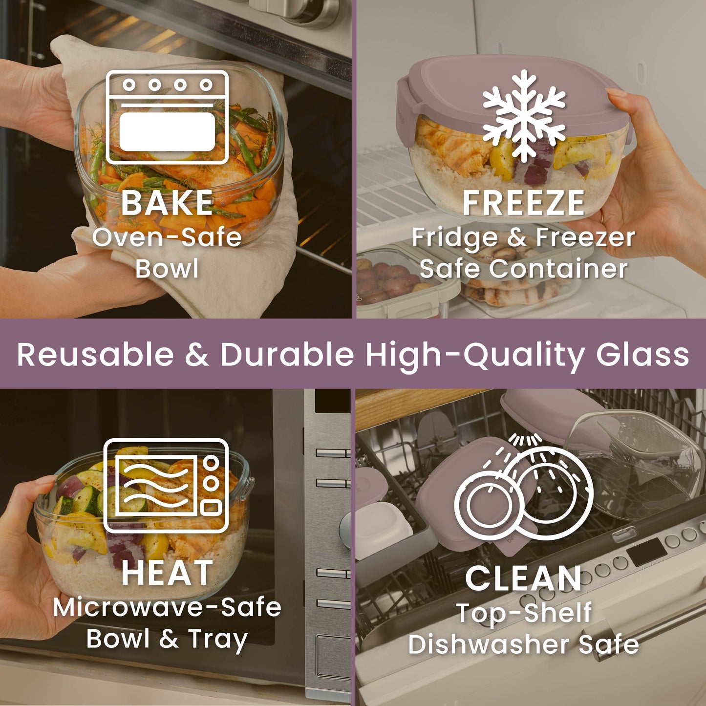Bentgo® Glass Salad Container - Lavender | Made With Reusable & Durable High-Quality Glass. Oven Safe, Fridge & Freezer Safe, Microwave Safe, and Top-Shelf Dishwasher Safe