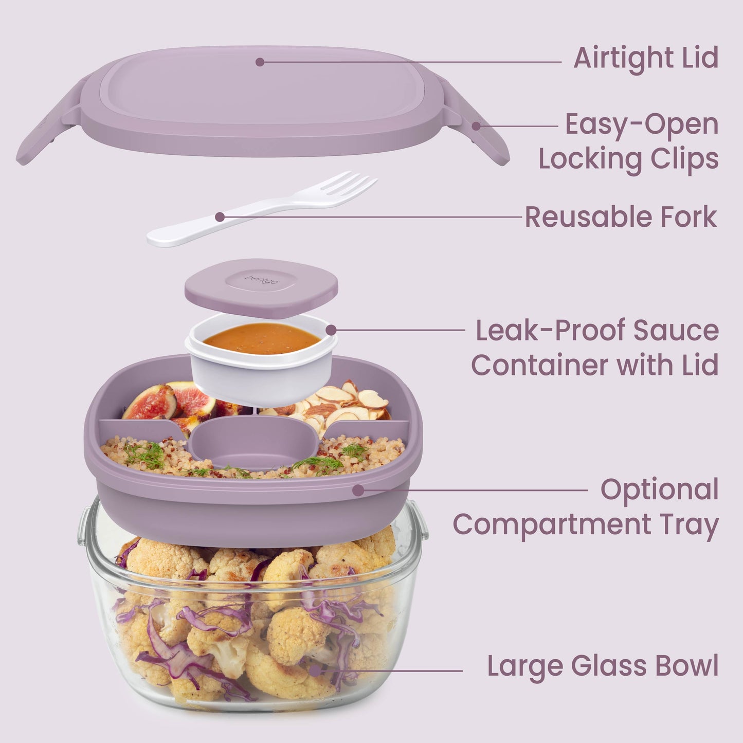 Bentgo® Glass Salad Container - Lavender | Salad Container Contains An Airtight Lid, Easy-Open Locking Clips, Reusable Fork, Leak-Proof Sauce Container With Lid, Optional Compartment Tray, And Large, Glass Bowl
