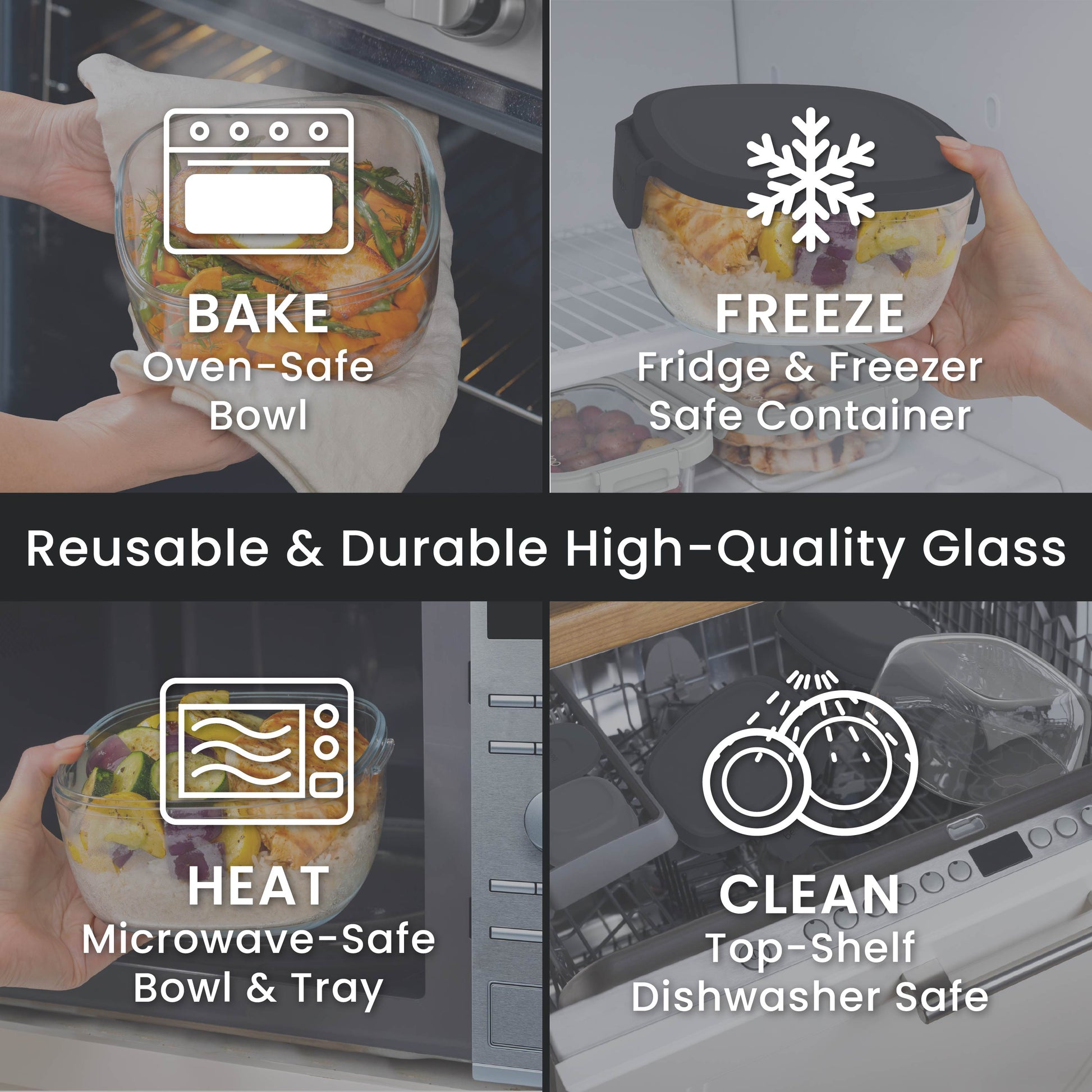 Bentgo® Glass Salad Container - Black Onyx | Made With Reusable & Durable High-Quality Glass. Oven Safe, Fridge & Freezer Safe, Microwave Safe, and Top-Shelf Dishwasher Safe