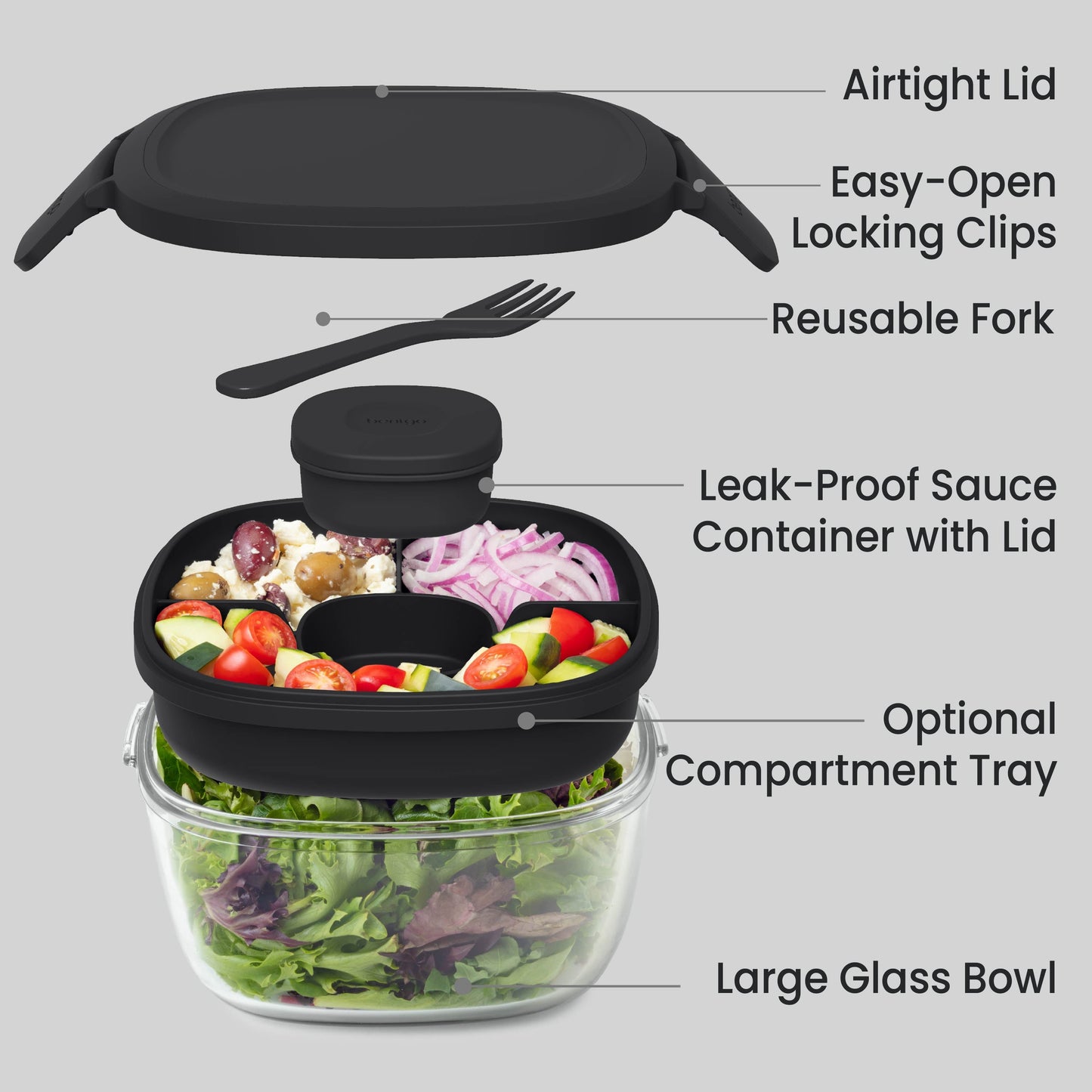 Bentgo® Glass Salad Container - Black Onyx | Salad Container Contains An Airtight Lid, Easy-Open Locking Clips, Reusable Fork, Leak-Proof Sauce Container With Lid, Optional Compartment Tray, And Large Glass Bowl