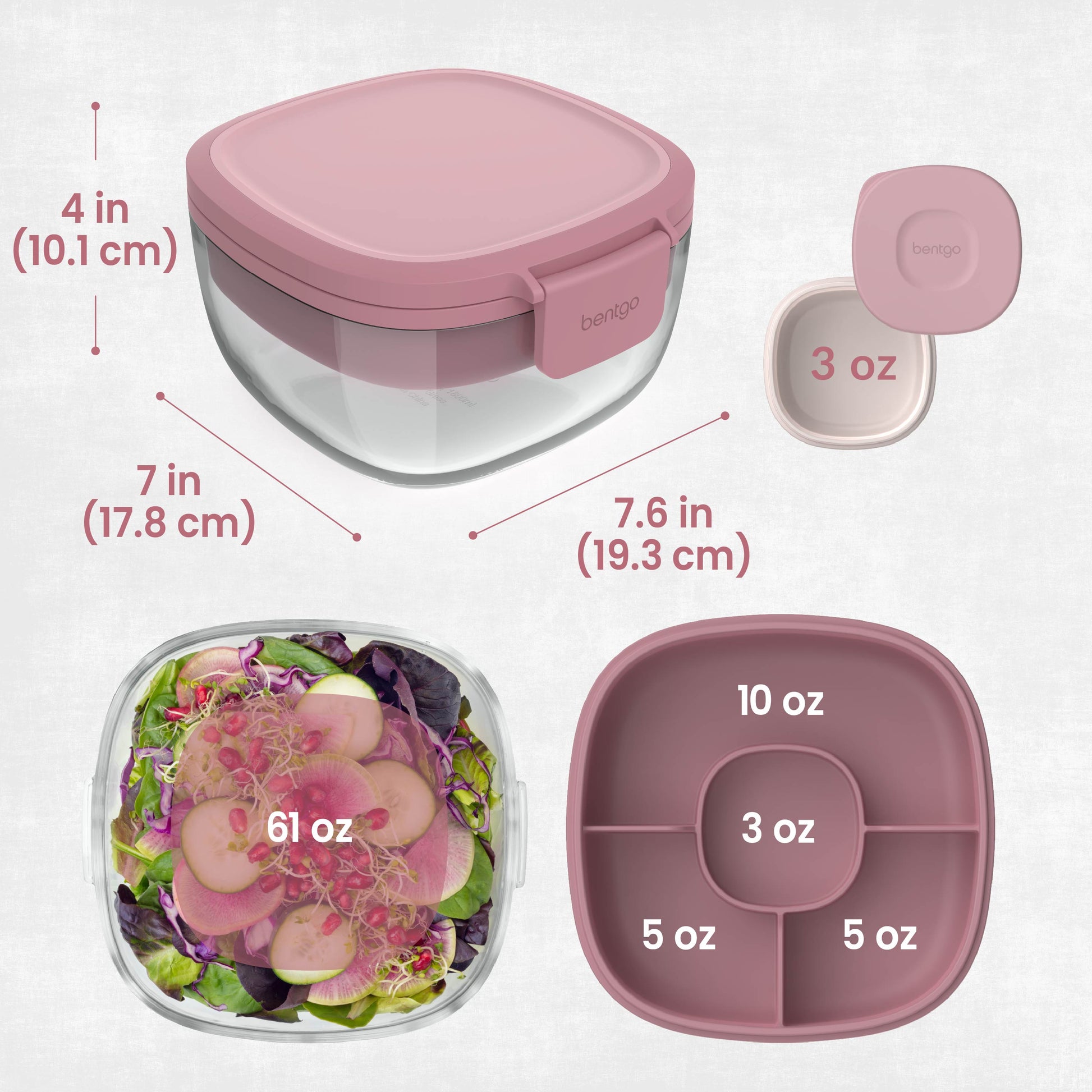 Bentgo® Glass Salad Container - Rose | Salad Container Dimensions