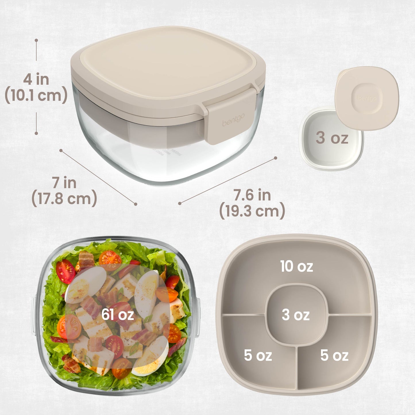 Bentgo® Glass Salad Container - White Stone Tan | Salad Container Dimensions
