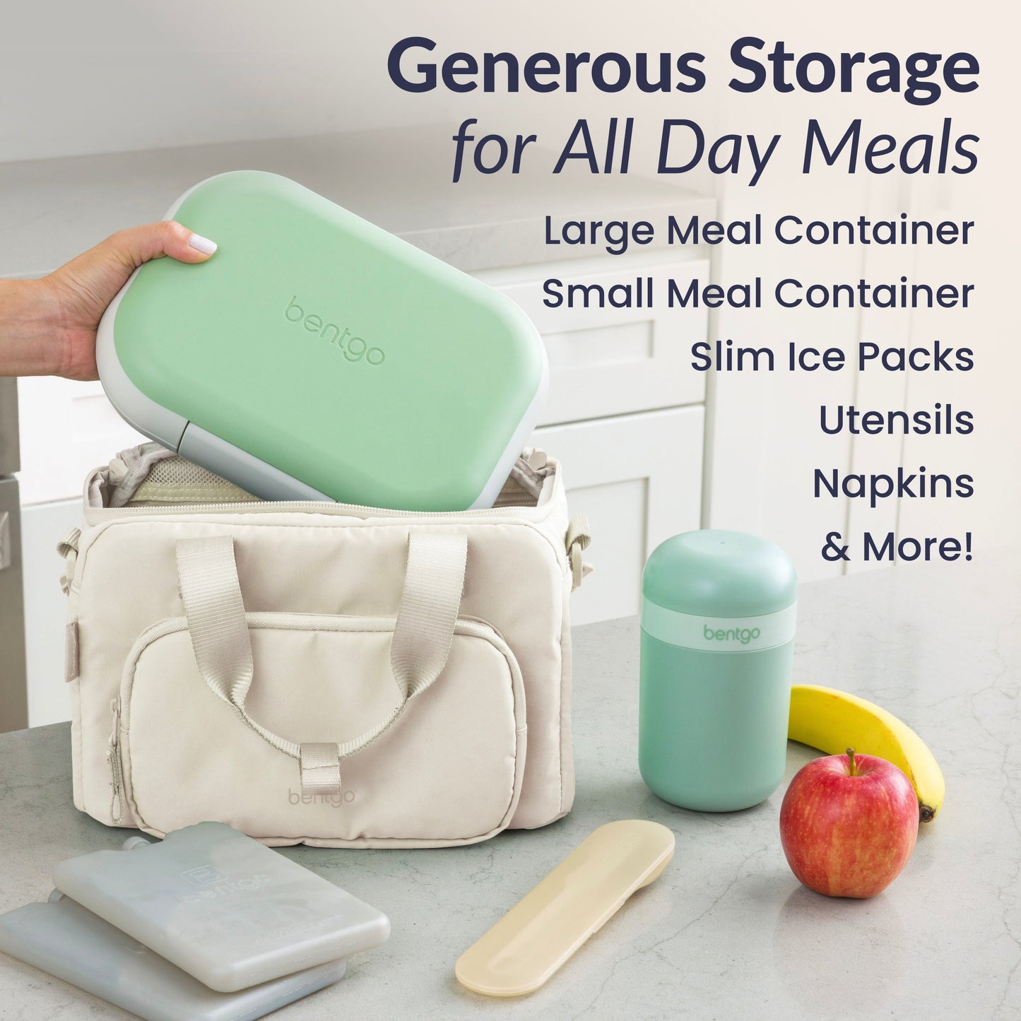 Bentgo® Insulated Lunch Bag - Bone | Generous Storage For All Day Meals Like Large Meal Container, Small Container, Slim Ice Packs, Utensils, Napkins, & More!