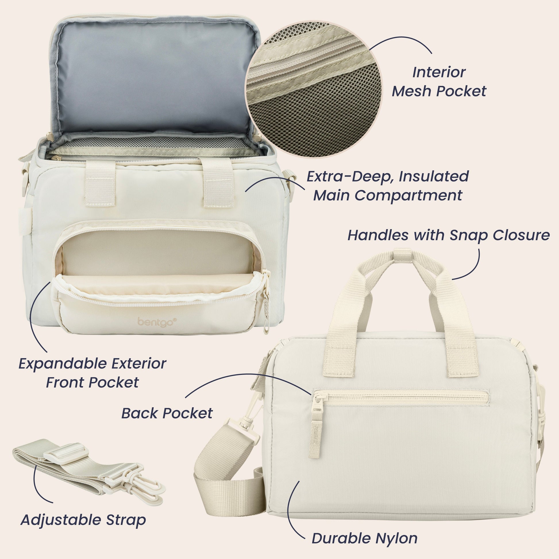 Bentgo® Insulated Lunch Bag - Bone | Interior Mesh Pocket, Extra-Deep, Insulated Main Compartment, Expandable Exterior Front Pocket, Handles With Snap Closure, Durable Nylon, Back Pocket, And Adjustable Strap