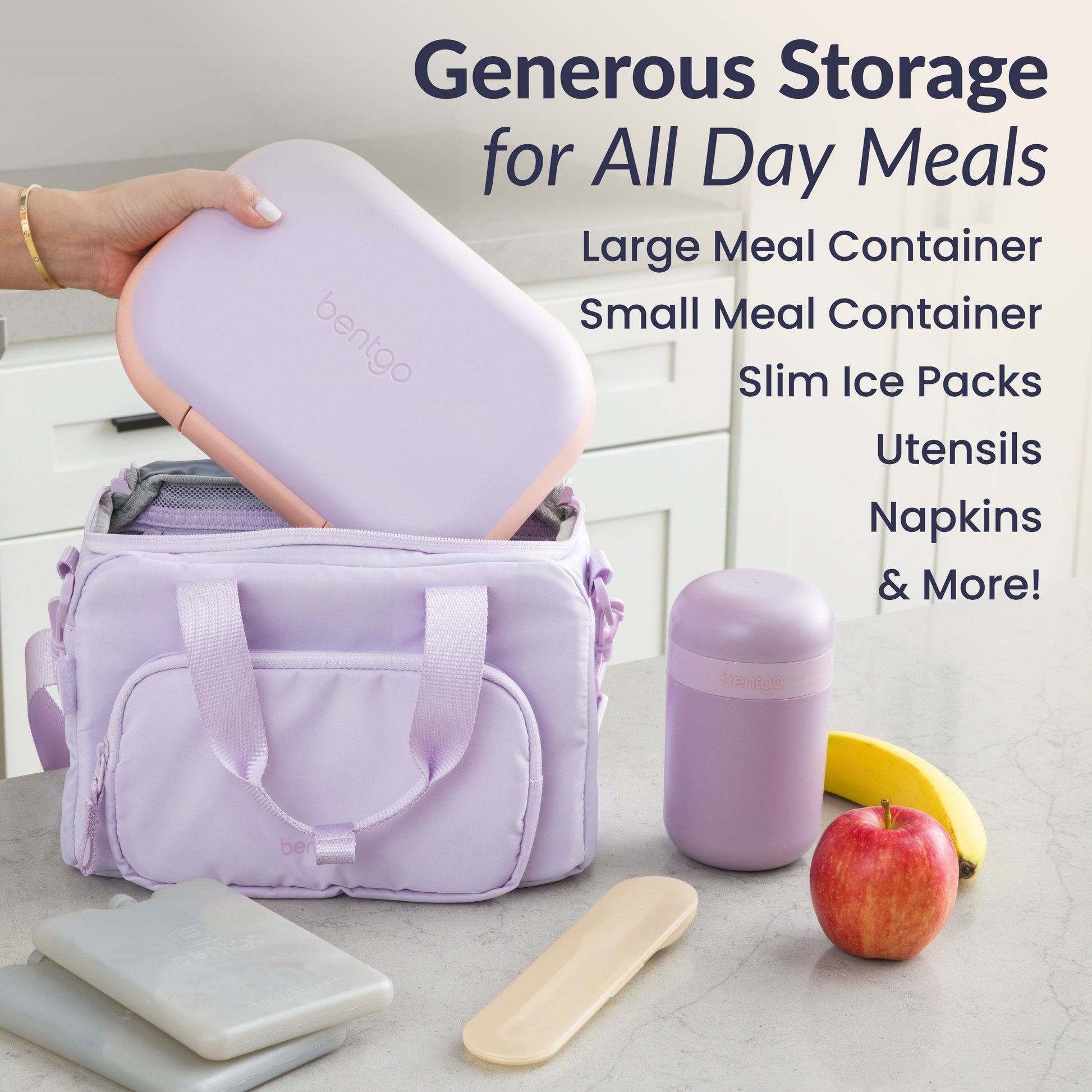 Bentgo® Insulated Lunch Bag - Lavender | Generous Storage For All Day Meals Like Large Meal Container, Small Container, Slim Ice Packs, Utensils, Napkins, & More!