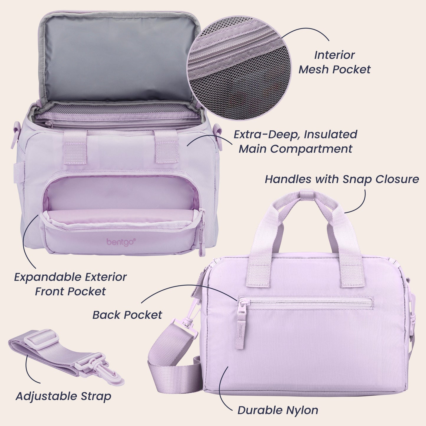 Bentgo® Insulated Lunch Bag - Lavender | Interior Mesh Pocket, Extra-Deep, Insulated Main Compartment, Expandable Exterior Front Pocket, Handles With Snap Closure, Durable Nylon, Back Pocket, And Adjustable Strap