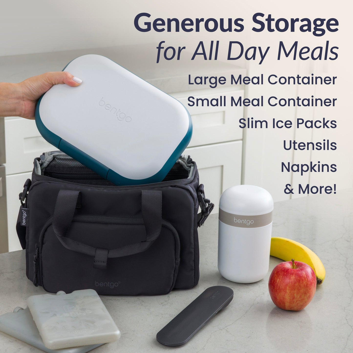 Bentgo® Insulated Lunch Bag - Obsidian Charcoal | Generous Storage For All Day Meals Like Large Meal Container, Small Container, Slim Ice Packs, Utensils, Napkins, & More!