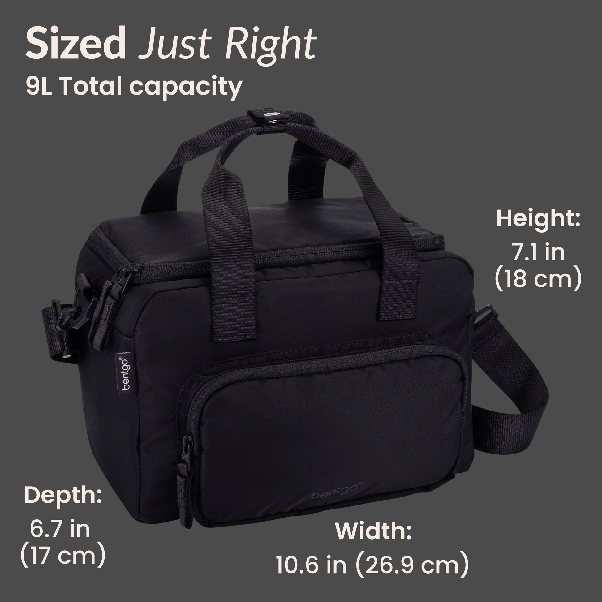 Bentgo® Insulated Lunch Bag - Obsidian Charcoal | Sized Just Right - Product Dimensions