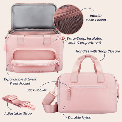 Bentgo® Insulated Lunch Bag - Soft Blush | Interior Mesh Pocket, Extra-Deep, Insulated Main Compartment, Expandable Exterior Front Pocket, Handles With Snap Closure, Durable Nylon, Back Pocket, And Adjustable Strap