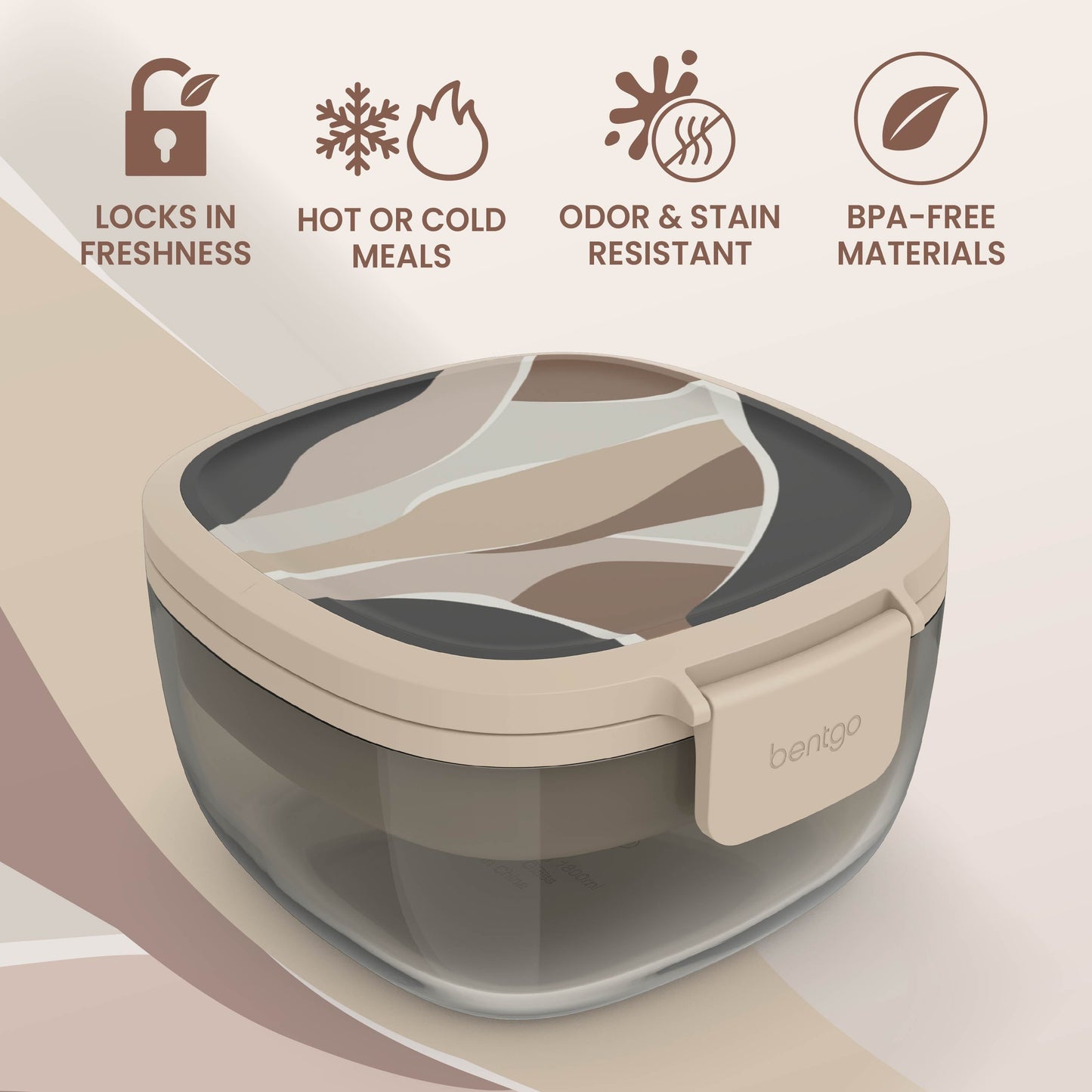 Bentgo® Glass Prints All-in-One Salad Container - Inky Abstract - Neutrals | Locks In Freshness, Great For Hot Or Cold Meals, Odor & Stain Resistant And Made With BPA-Free Materials