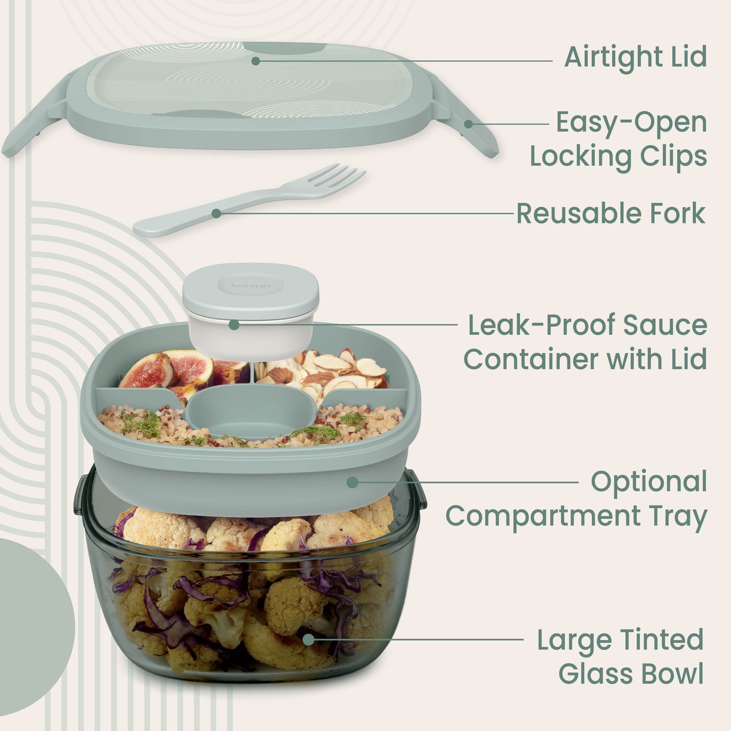 Bentgo® Glass Prints All-in-One Salad Container - Mod Curve - Serene Green | Salad Container Contains An Airtight Lid With Designer Print, Easy-Open Locking Clips, Reusable Fork, Leak-Proof Sauce Container With Lid, Optional Compartment Tray, And Large Tinted Glass Bowl