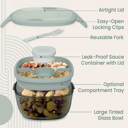 Bentgo® Glass Prints All-in-One Salad Container - Mod Curve - Serene Green | Salad Container Contains An Airtight Lid With Designer Print, Easy-Open Locking Clips, Reusable Fork, Leak-Proof Sauce Container With Lid, Optional Compartment Tray, And Large Tinted Glass Bowl