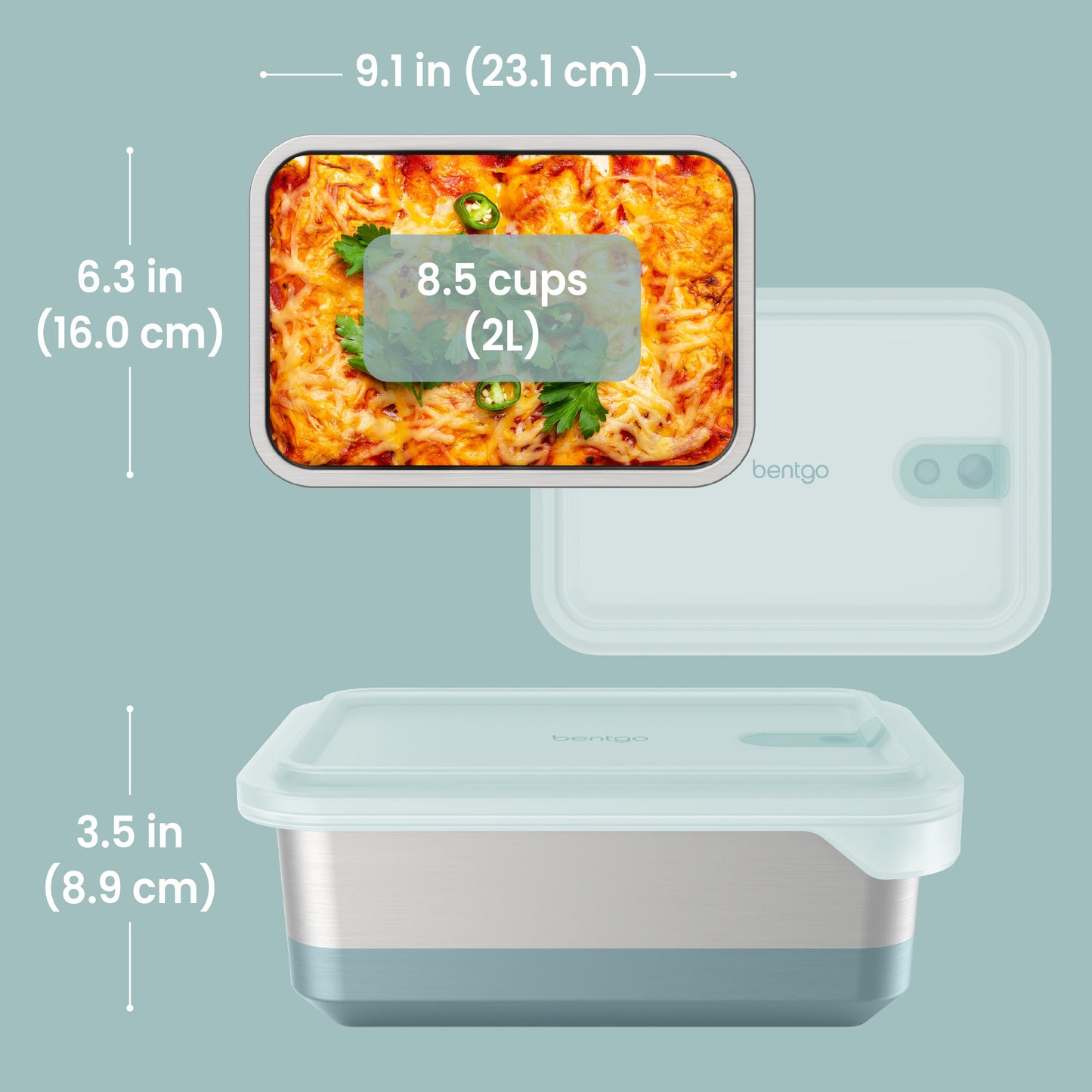 Bentgo® MicroSteel Heat & Eat Container - Family Size 8.5 Cups - Aqua | Dimensions