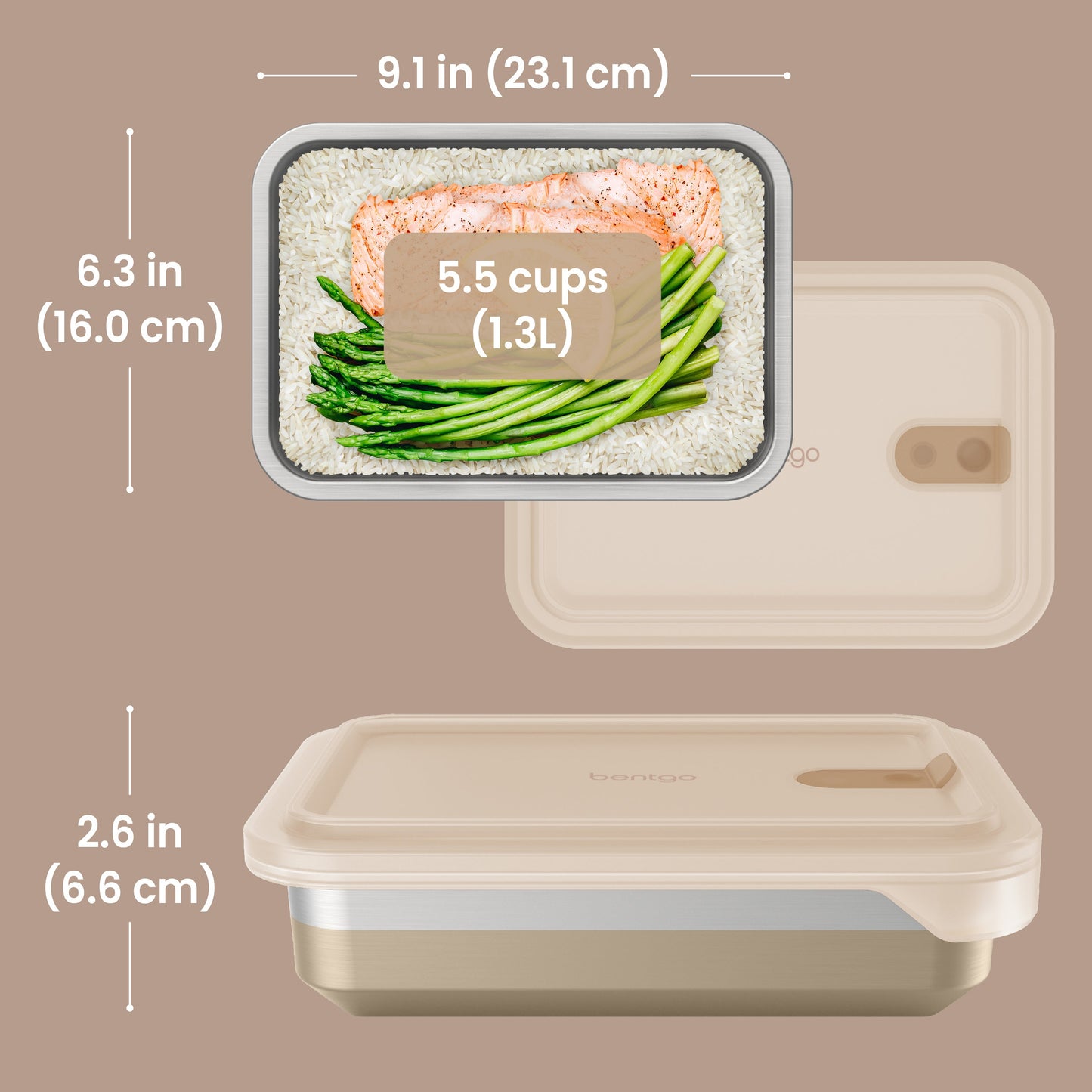Bentgo® MicroSteel Heat & Eat Container - Dinner Size 5.5 Cups - Gold | Dimensions