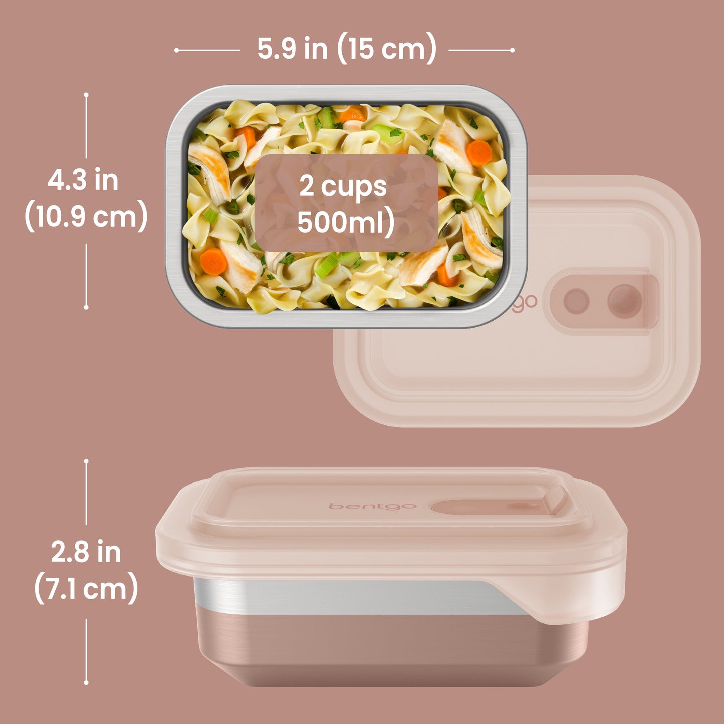 Bentgo® MicroSteel Heat & Eat Container - Snack Size 2 Cups - Rose | Dimensions