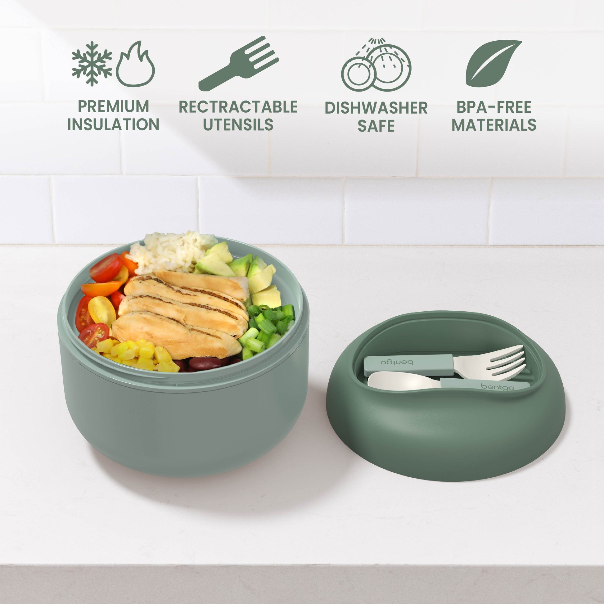 Bentgo® Bowl - Khaki Green | Premium Insulation, Retractable Utensils, Dishwasher Safe, And BPA-Free Materials