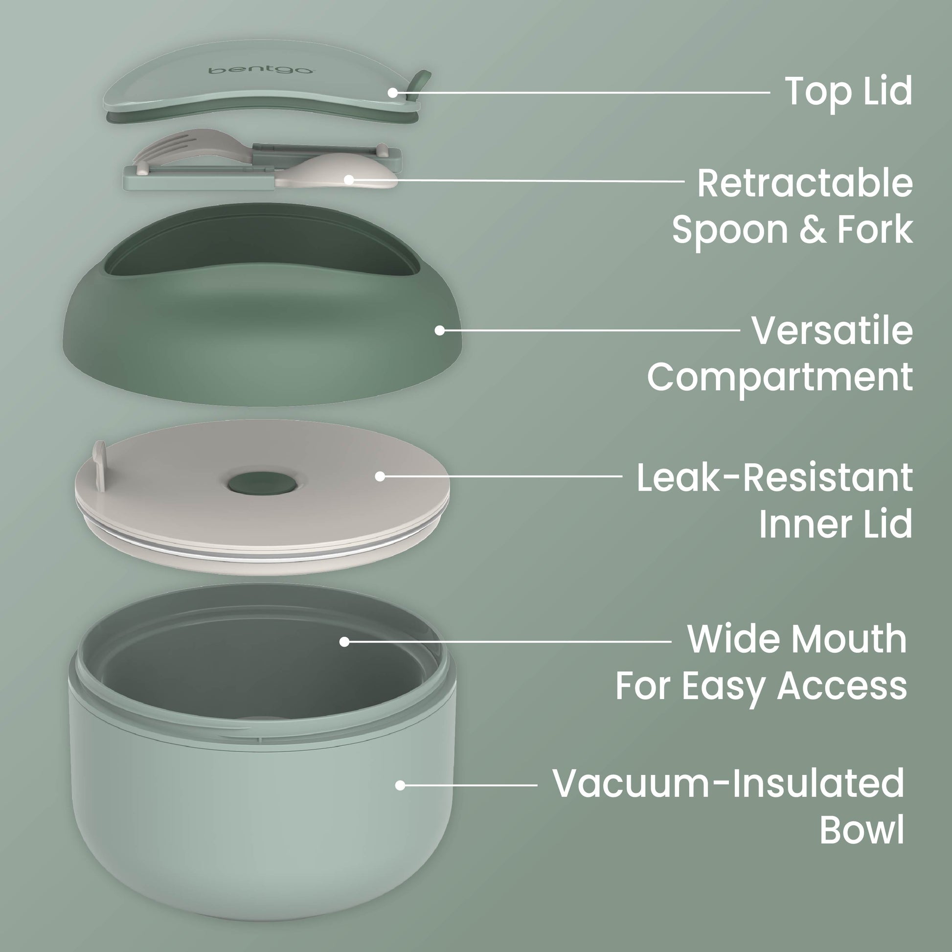 Bentgo® Bowl - Khaki Green | Top Lid, Retractable Spoon & Fork, Versatile Compartment, Wide Mouth For Easy Access, Leak-Resistant Inner Lid, And Vacuum-Insulated Bowl