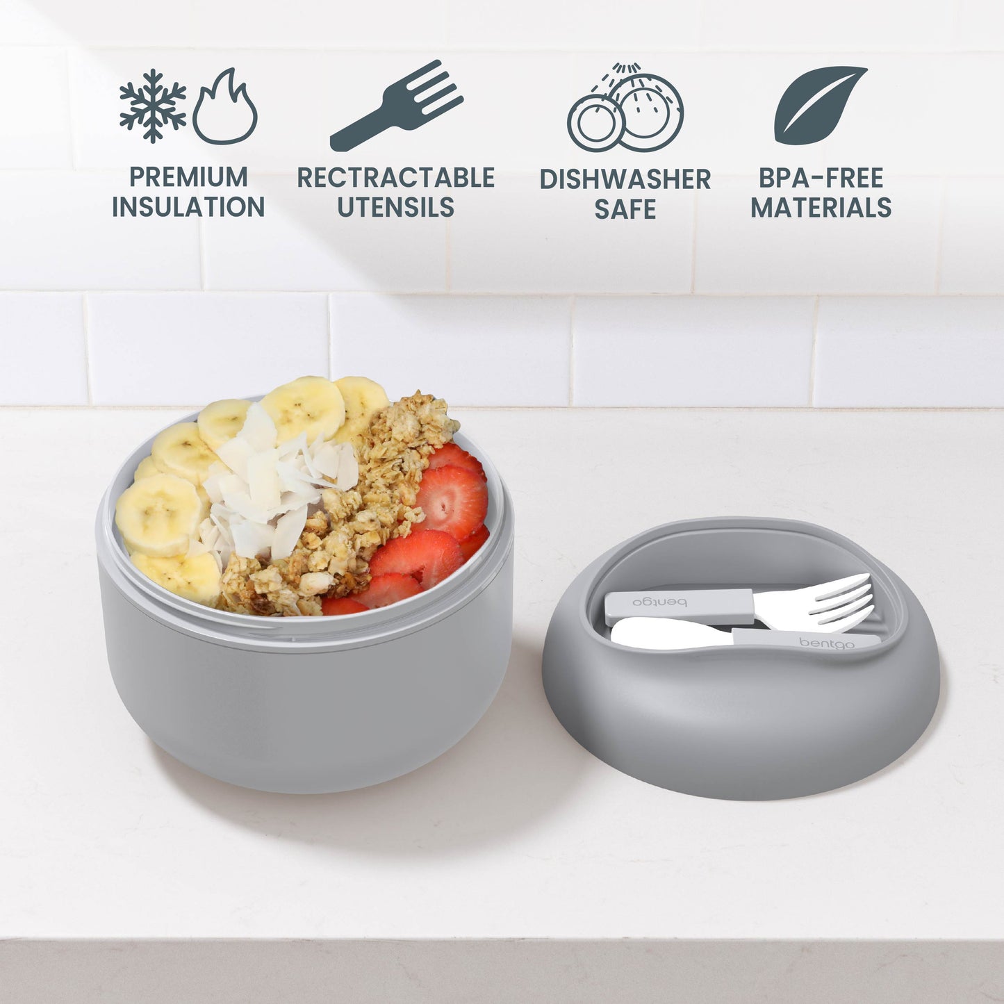 Bentgo® Bowl - Gray | Premium Insulation, Retractable Utensils, Dishwasher Safe, And BPA-Free Materials
