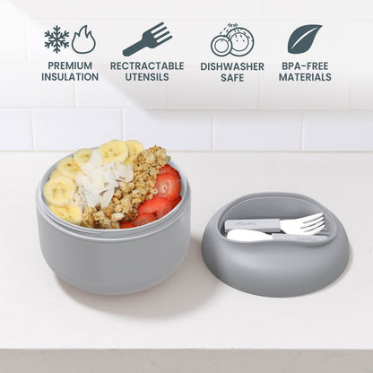 Bentgo® Bowl - Gray | Premium Insulation, Retractable Utensils, Dishwasher Safe, And BPA-Free Materials