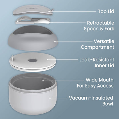 Bentgo® Bowl - Gray | Top Lid, Retractable Spoon & Fork, Versatile Compartment, Wide Mouth For Easy Access, Leak-Resistant Inner Lid, And Vacuum-Insulated Bowl