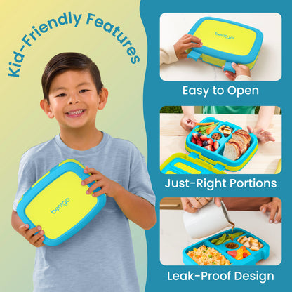 Bentgo® Kids Lunch Box - Citrus Yellow | Kids 3-7 | Leak-Proof Design, Dishwasher Safe Tray (Top-Rack Only), Rubberized Bumper, and No PFAS & BPA-Free | Product Dimensions
