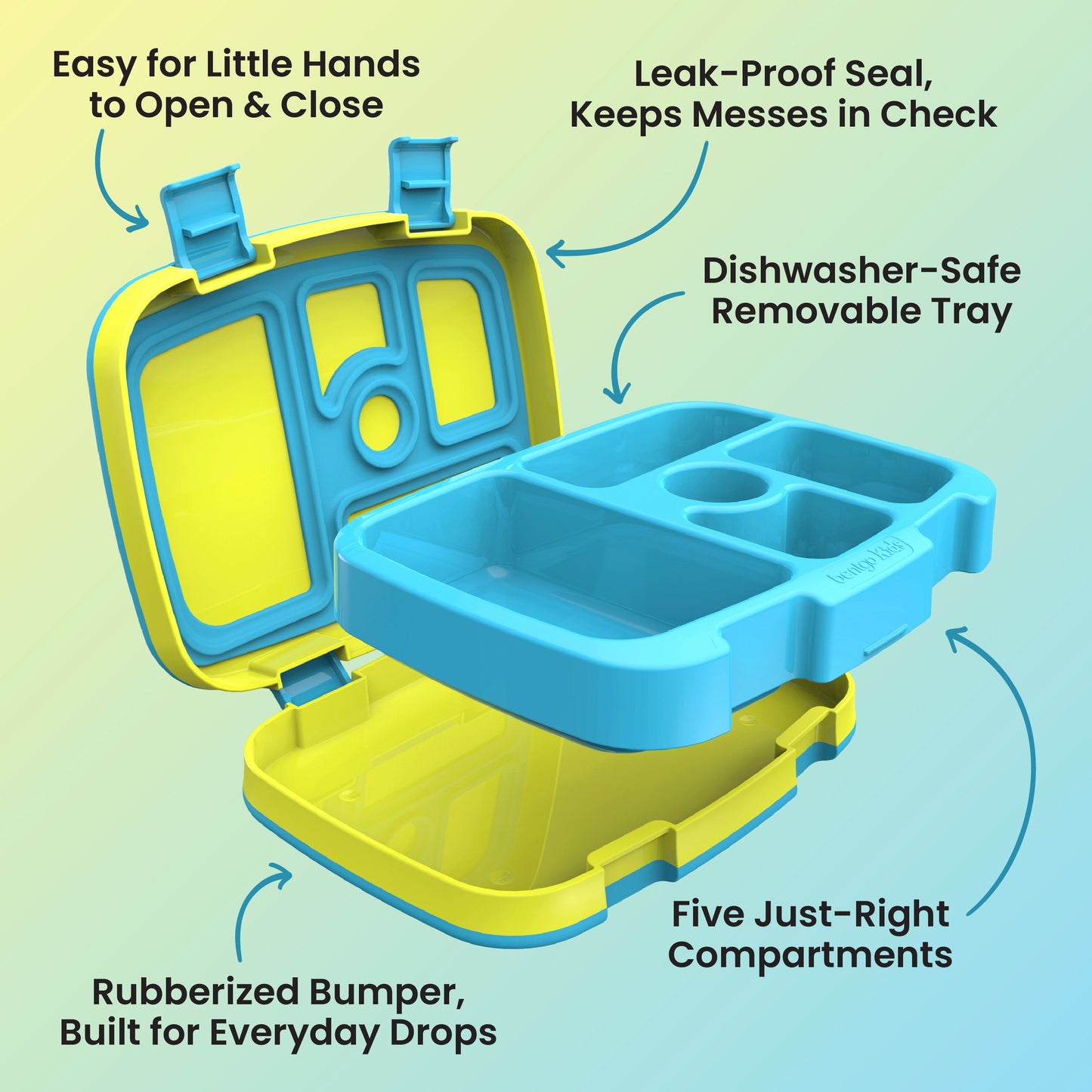 Bentgo® Kids Lunch Box - Citrus Yellow | Easy for Little Hands to Open & Close, Leak-Proof Seal - Keeps Messes in Check, Dishwasher-Safe Removable Tray, Five Just Right Compartments, and Rubberized Bumper - Built for Everyday Drops