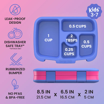 Bentgo® Kids Lunch Box - Fuchsia | Kids 3-7 | Leak-Proof Design, Dishwasher Safe Tray (Top-Rack Only), Rubberized Bumper, and No PFAS & BPA-Free | Product Dimensions