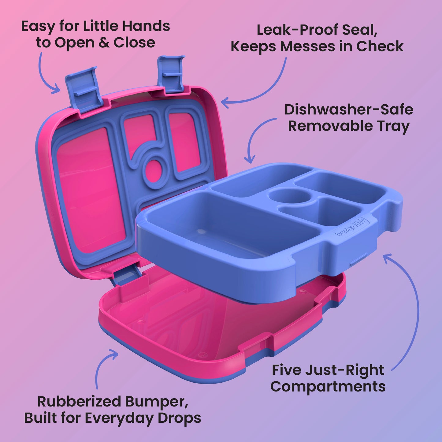 Bentgo® Kids Lunch Box - Fuchsia | Easy for Little Hands to Open & Close, Leak-Proof Seal - Keeps Messes in Check, Dishwasher-Safe Removable Tray, Five Just Right Compartments, and Rubberized Bumper - Built for Everyday Drops