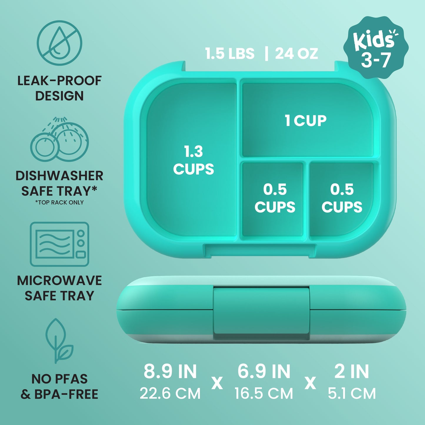 Bentgo® Chill Kids Lunch Box - Aqua | Kids 3-7 | Leak-Proof Design, Dishwasher Safe Tray (Top-Rack Only), Microwave Safe Tray, and No PFAS & BPA-Free | Product Dimensions