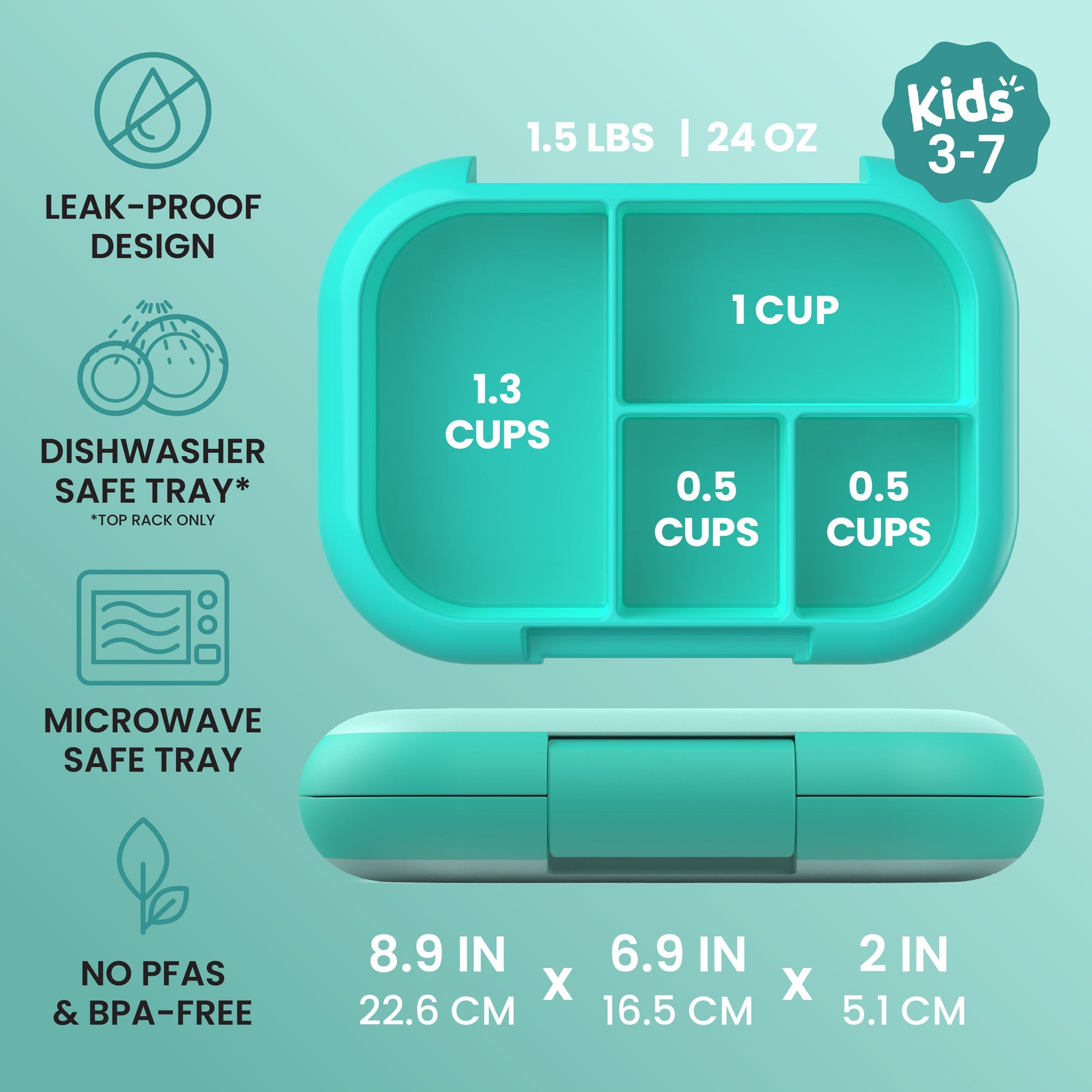 Bentgo® Chill Kids Lunch Box - Aqua | Kids 3-7 | Leak-Proof Design, Dishwasher Safe Tray (Top-Rack Only), Microwave Safe Tray, and No PFAS & BPA-Free | Product Dimensions