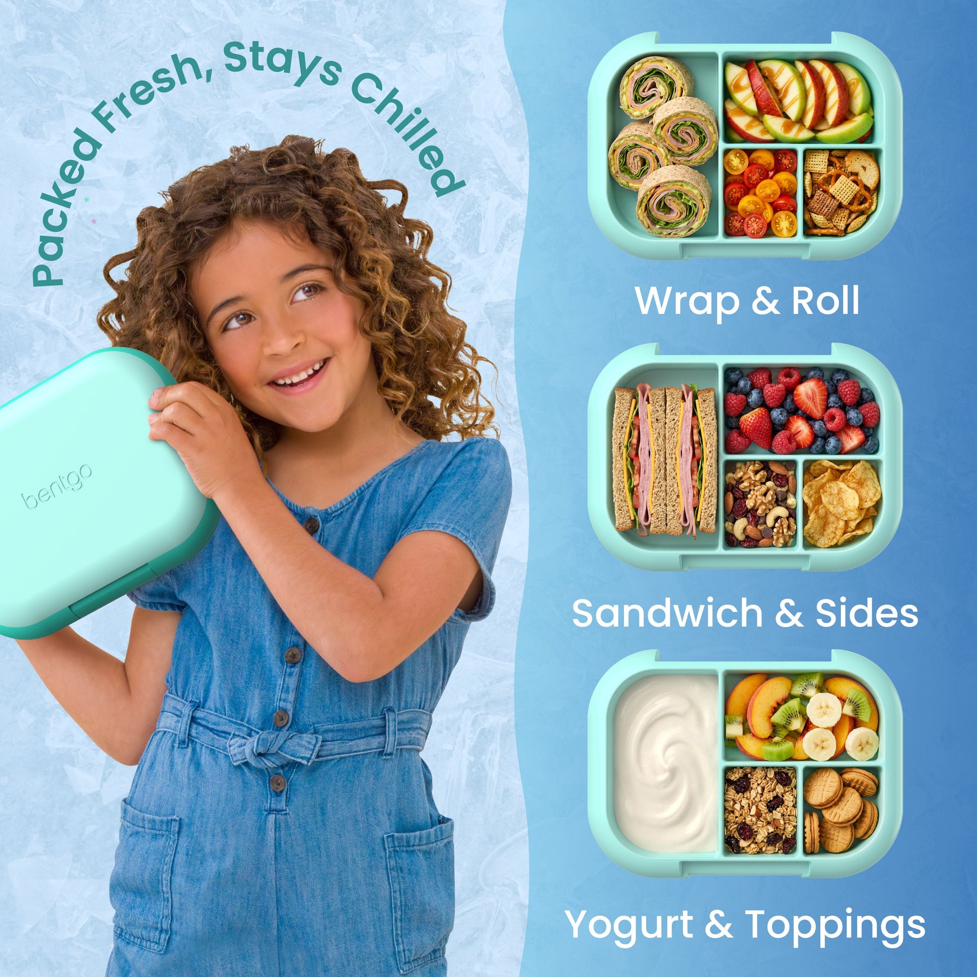 Bentgo® Chill Kids Lunch Box - Aqua | Kids 3-7 | Leak-Proof Design, Dishwasher Safe Tray (Top-Rack Only), Microwave Safe Tray, and No PFAS & BPA-Free | Product Dimensions